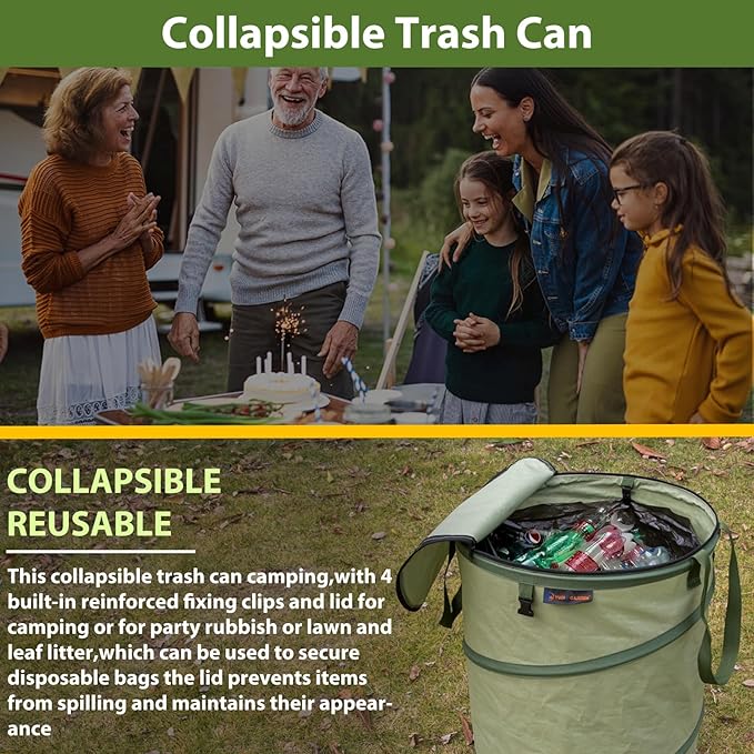 YUDI & GARDEN 29 Gallon Hard Bottom Collapsible Trash Can|Collapsible Garden Bag|Camping Trash Can, Green 2-Pack for Collecting Weeds or Party and Yard Waste