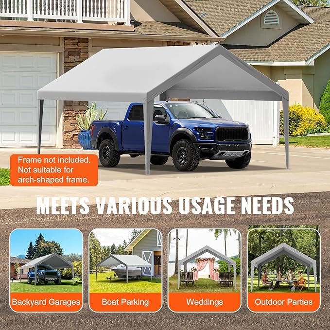 VEVOR Carport Replacement Canopy Cover 13 x 20 ft, Garage Top Tent Shelter Tarp Heavy-Duty Waterproof & UV Protected, Easy Installation with Ball Bungees,Grey (Only Top Cover, Frame Not Include)