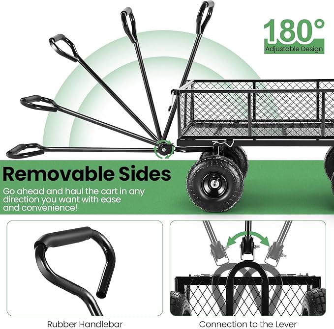 Homdox 660LB Garden Cart on Wheels, Heavy Duty Yard Wagon with 180ยฐ Rotating Handle, Mesh Foldable Garden Wagon Outdoor Utility Carts for Camping, Sports, Garden, Beach, Farm, Fishing, Black