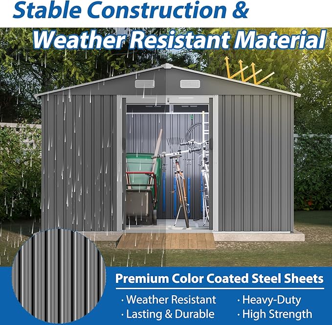 10X8 FT Outdoor Storage Shed, All Weather Metal Sheds with Lockable Doors, Tool Shed for Garden, Patio, Backyard, Lawn (Grey with Floor Frame, 10x8ft)
