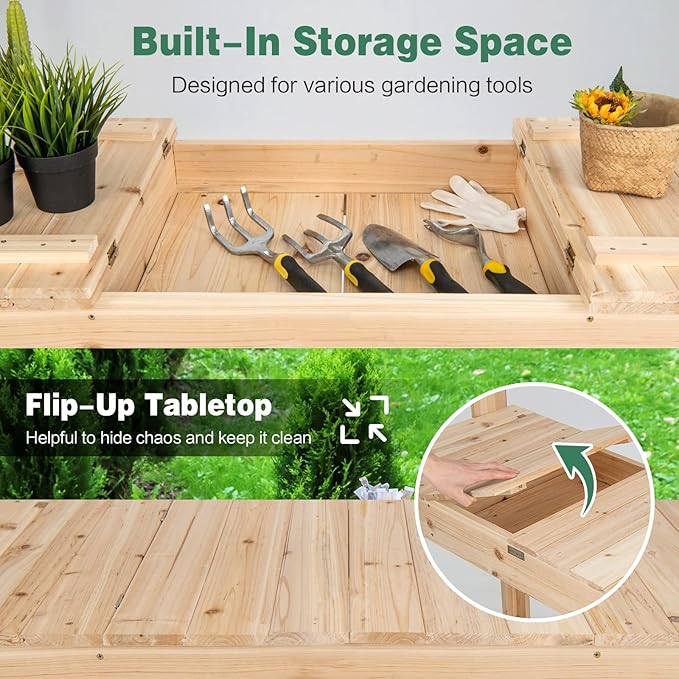 HAPPYGRILL Potting Bench Table, 60.5” Wood Garden Work Bench Workstation with Storage, Flip-Up Tabletop, Shelves & Hanging Hooks, Outdoor Garden Table for Patio, Lawn & Porch