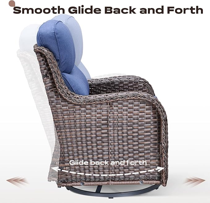 Outdoor Patio Swivel Rocker Chairs Set of 2, Waterproof Wicker, High Back, Deep Seating, Wide Armrest, Upgraded 6 inch Thick Cushions, Side Table, Ideal for Deck Porch Yard, Brown/Blue