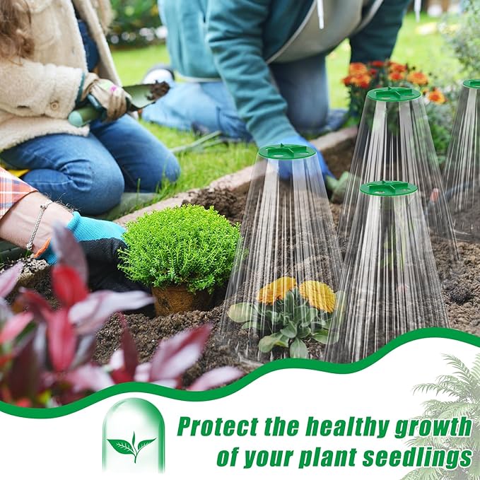 UQM 50 Pack Garden Cloches for Plants, Reusable Bell Plant Protector with Rotary Vent Cover, Garden Protection from Animals Snails Birds Chickens Insect, 9.44" H X 8.07" D (Clear)