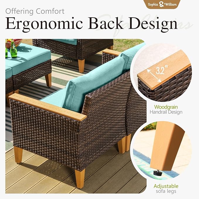 Sophia & William Patio Furniture Set with Fire Pit Table, 10 Piece Outdoor Wicker Furniture Sectional Sofa, Extra Large Patio Rattan Conversation Set with Ottoman & 45" Fire Pit Table(Aqua Blue)