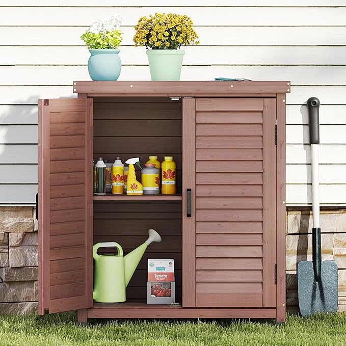 Potting Bench with Storage Cabinet and Metal Table Top for Outdoor Patio, Garden Furniture Wood Workstation (Dark Brown, 31x17x36)