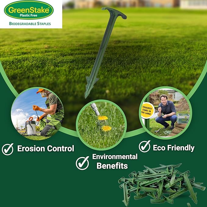 Pack of 50 - GreenStake 4-Inch Biodegradable Garden Stakes, Superior Holding Power - Eco-Friendly Garden Support Pegs & Fabric Pins for Membrane, Netting, Turf, Landscaping and Gardening