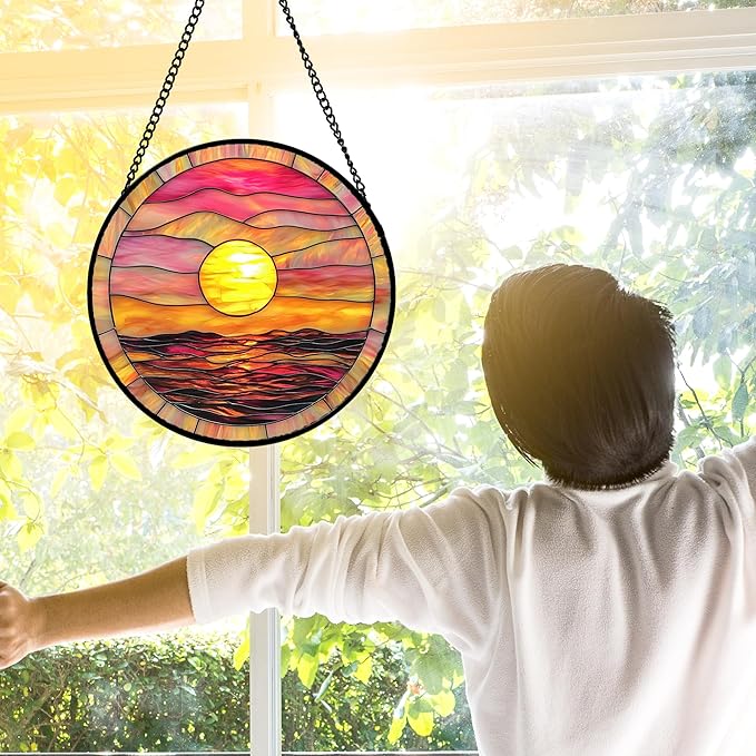 Stained Glass Window Hanging, Sunrise Sea Surface Sun Catchers Diamond Glass Panel Hangings Abstract Suncatcher Decor for Birthday for Women, Men, Wife, Aunt, and Mom 9.8 in