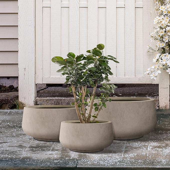 Kante 21.6",16.9",and 12.5" Dia Round Weathered Concrete Elegant Planters (Set of 3), Outdoor Indoor Garden Plant Pot with Drainage Hole and Rubber Plug for Home & Patio