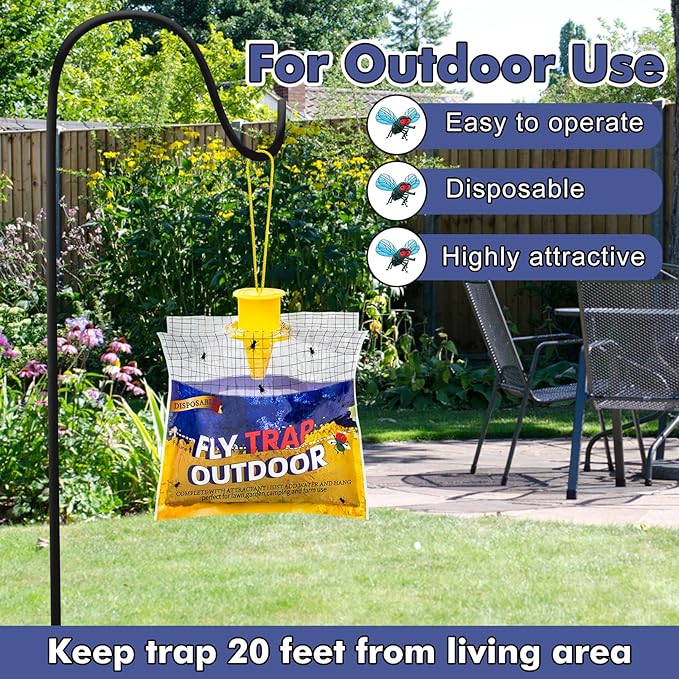 Disposable Fly Traps 6 Pack Big Bags Outdoor, Flies Catcher Traps with Natural Pre-Bait Refill Repellent, Stable Horse Ranch Trapper Outdoor Hanging Fly Killer Helps Control Flies