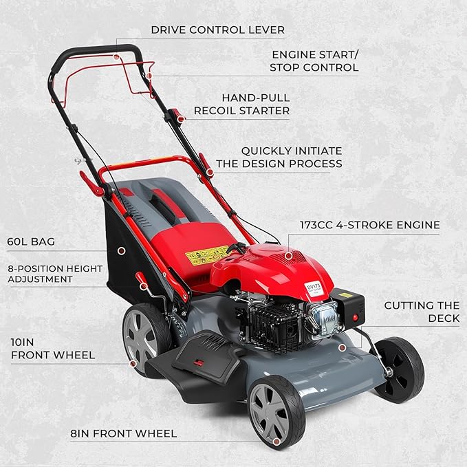Self Propelled Lawn Mower 20-Inch with 60L Grass Bag - 173cc Engine Gas Push Lawn Mower for Hills 3-in-1 Mulch Bag Side-Discharge Rear Wheel Drive for Uneven Yards Lawn Care (173CC)