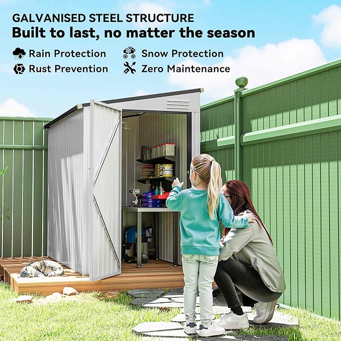 Outsunny 4' x 8' Metal Outdoor Storage Shed, Lean to Storage Shed, Garden Tool Storage House with Lockable Door and 2 Air Vents for Backyard, Patio, Lawn, White