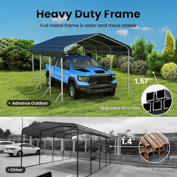 10x15' Heavy Duty Metal Carport – Sturdy Structure, All-Weather Protection, Easy Assembly for Cars, Boats, Trucks,Tractors, and Outdoor Storage (Grey, 10x15FT)