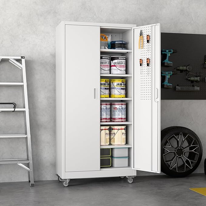 Rolling Tool Storage Cabinet with 5 Adjustable Shelves and Pegboard,Metal Garage Storage Cabinet with Wheels for Garage Home Office Utility Room,Required Assembly, 71" H×32" W×16" D,White