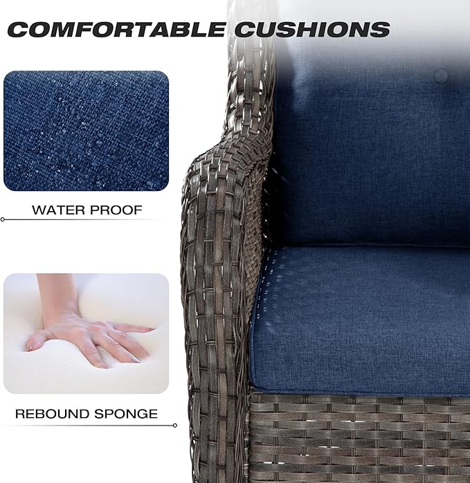 Joyside 4 Pieces Outdoor Patio Furniture Set Wicker Conversation Bistro Set 2 PE Wicker Patio with 2pcs Ottomans for Backyard, Porch, Balcony(Mixed Grey/Blue)