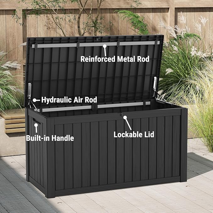 Mars Villa Deck Box, Waterproof and Weatherproof Large Resin Storage Bin with Lockable Lid, Ideal for, Outdoor, Patio Furniture Cushions, Pool Supplies, Garden Tools (150 Gallon, Black)