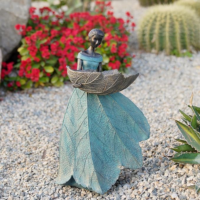 DiliComing Fairy Garden Statue Bird Feeder - 12 Inch Fairy Statue for Home Decoration, Resin Outdoor Statues for Garden Decoration, Best Bird Feeder Garden Gift for Women (Green)