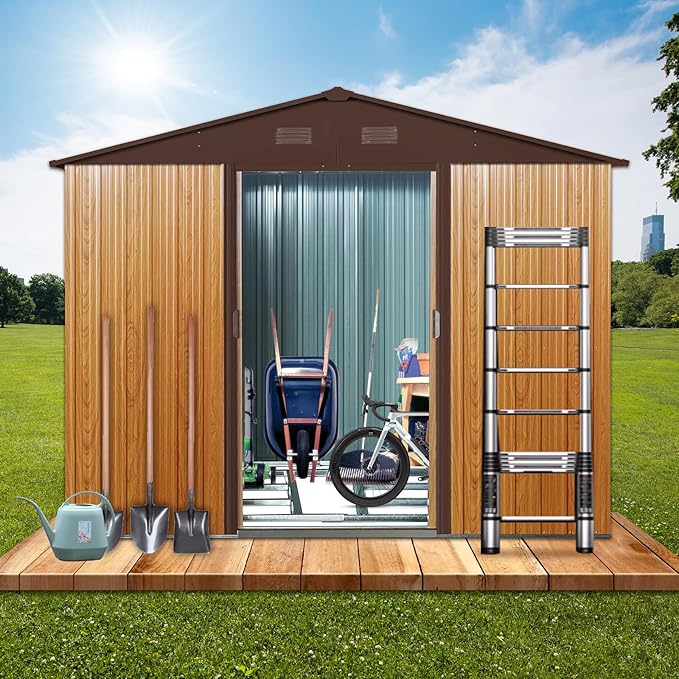 6x8 FT Outdoor Storage Shed, Metal Garden Shed with Frame Floor, Outside Tool Shed with Lockable Sliding Doors, Waterproof Storage Building with Sloped Roof for Backyard, Patio, Lawn, Coffee