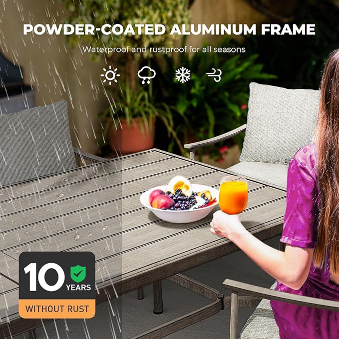 HAPPATIO 9-Piece Patio Table and Chairs Set for 8, Aluminum Outdoor Dining Set with Cushions, 8 Dining Chairs, 1 Large Rectangular Table with Umbrella Hole for Lawn, Porch, Backyard, Grey