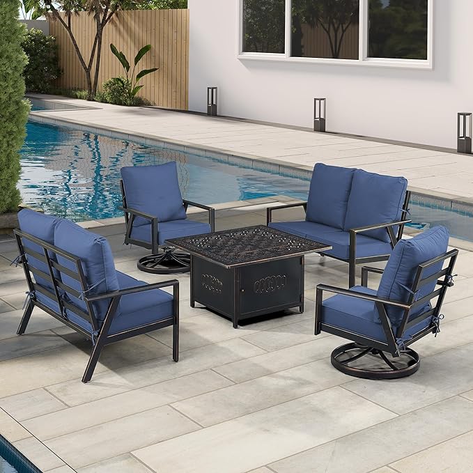 Oakland Living Black Aluminum Patio Fire Table Set with Two Deep Seating Loveseat with Cushions and Two Club Chairs with Blue Cushions