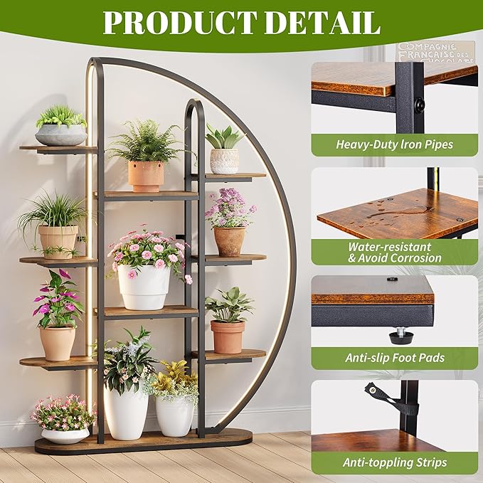 Big Plant Stand Indoor with Grow Lights and LED Light, 61”Tall Metal Plant Shelf Flower Stand for Multiple Plants, 9 Tier Moon-Shaped Plant Rack Large Display Plant Holder for Living Room Balcony