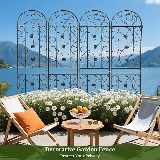 4 Pack Metal Garden Trellis 86.7" Tall Outdoor Climbing Plant Support for Roses, Flowers, Rustproof Durable Black Galvanized Tube, Lawn Garden Fence Decor Screen (4, Retro-86.7" H)