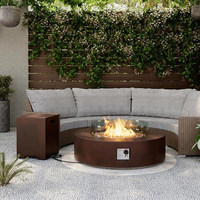 SUNBURY Outdoor Propane Fire Pit,CSA Certified,Dark Brown Patio Fire Table 50000 BTU w 20 Gallon Tank Cover, Glass Wind Guard, Waterproof Cover