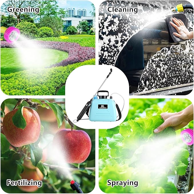 Battery Powered Sprayer, 2.4 Gallon Electric Garden Sprayer, Automatic Power Weed Spray Battery Operated with Adjustable Shoulder Strap and Rechargeable Handle for Yard, Lawn, 3 Mist Nozzles (Blue)