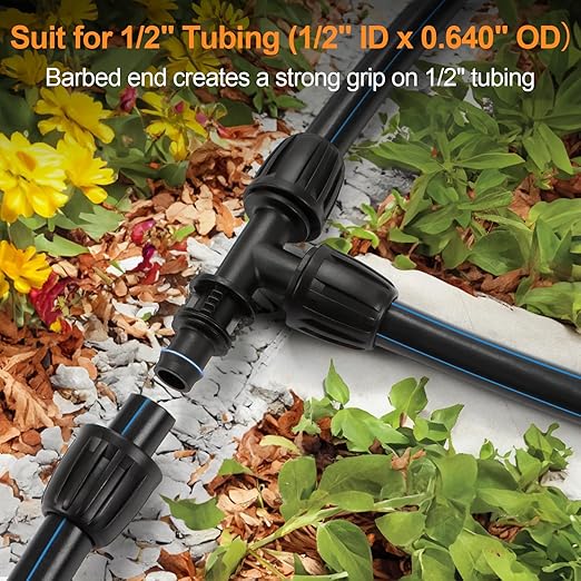 21 Pieces1/2 Inch Drip Irrigation Fittings Kit, 1/2'' Drip Line Barbed Locked Connectors for 1/2 Inch Irrigation Tubing (1/2" ID x 0.640" OD) Coupling Tee Elbow Plug Valve Faucet Adapter