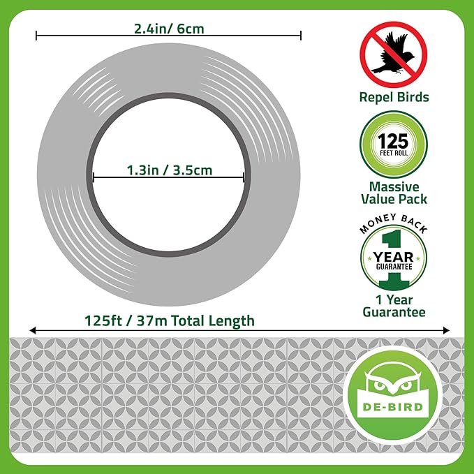 De-Bird Bird Tape Repellent & Reflective Scare Tape - 350 Ft Roll, Multicolor Dual-Sided - Garden Reflectors to Keep Birds Away - Pigeon & Goose Control