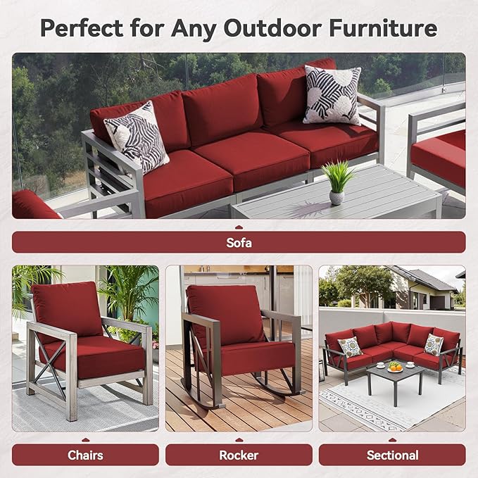 Luxury 6" Outdoor Cushions for Patio Furniture, 24x24x6 Thick Seat Cushion Set of 2, Fade Resistant Couch Chair Replacement Cushions High Density Deep Wicker Chair Cushion w/Removable Cover, Red