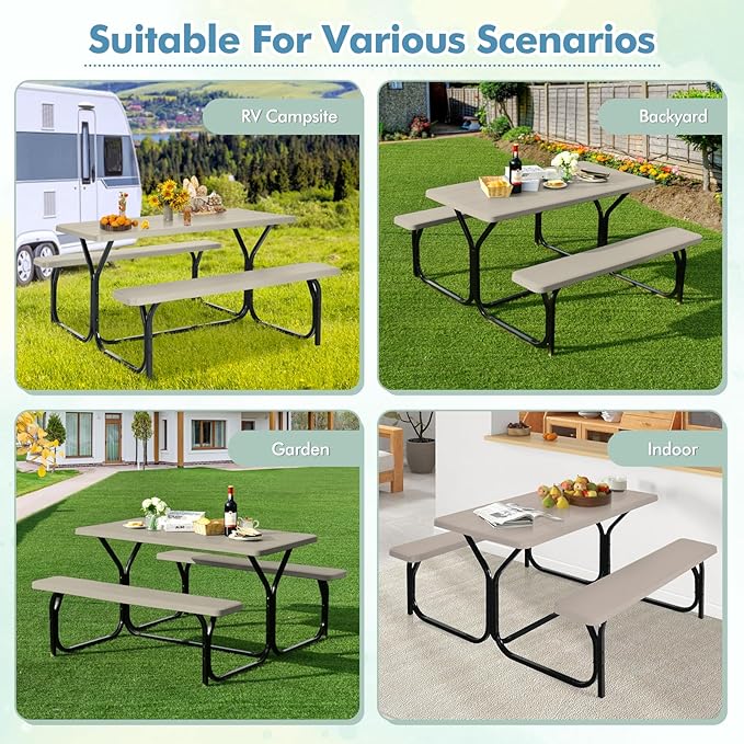 Moccha Picnic Table Bench Set, Portable Plastic Picnic Table w/Steel Frame & Wood-Like Texture, All Weather Heavy Duty Picnic Table Kit, Picnic Tables for Outdoors Garden Patio Dining (Light Brown)