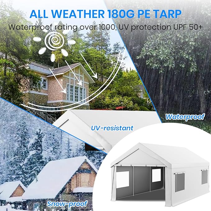 Carport 10x20 Heavy Duty Portable Garage,Carport Canopy with Roll-Up Windows & Doors,Portable Garage and Shelter with Removable Sidewalls,Car Tent Garage with All-Season Tarp for Bike Truck Lawnmower