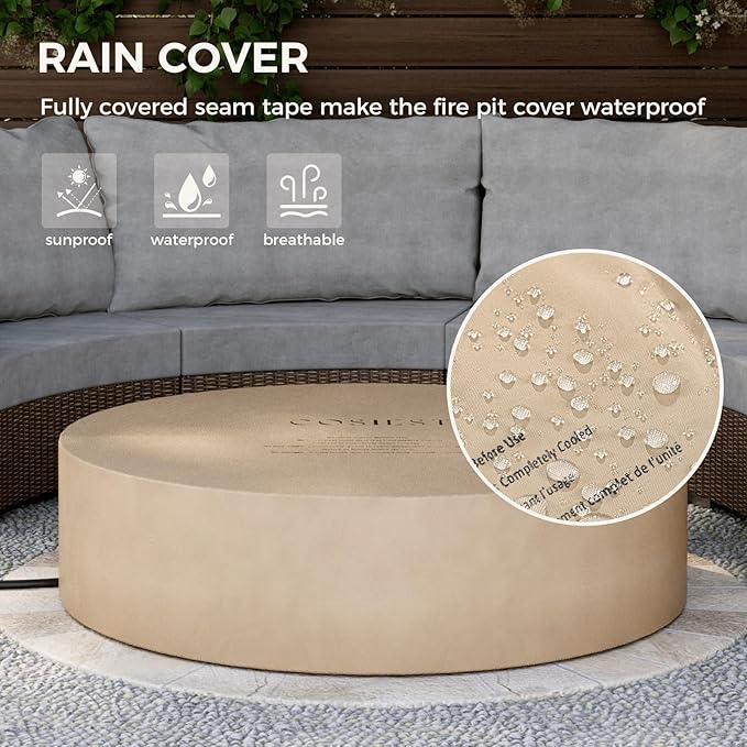 SUNBURY 42Inch Outdoor Propane Fire Pit,CSA Certified,Round Dark Brown Patio Fire Table Concrete Burner Firepits 50,000 BTU w Lava Rocks, Glass Wind Guard, Waterproof Cover