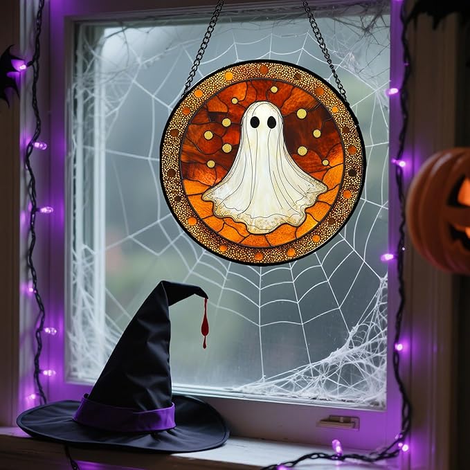 Stained Glass Window Hanging - Halloween Decorations White Ghost Suncatcher for Doors Garden Indoor Spooky Funny Orange Sun Catchers Gothic Decor Horror Gifts for Women Men Friend 6.3 in