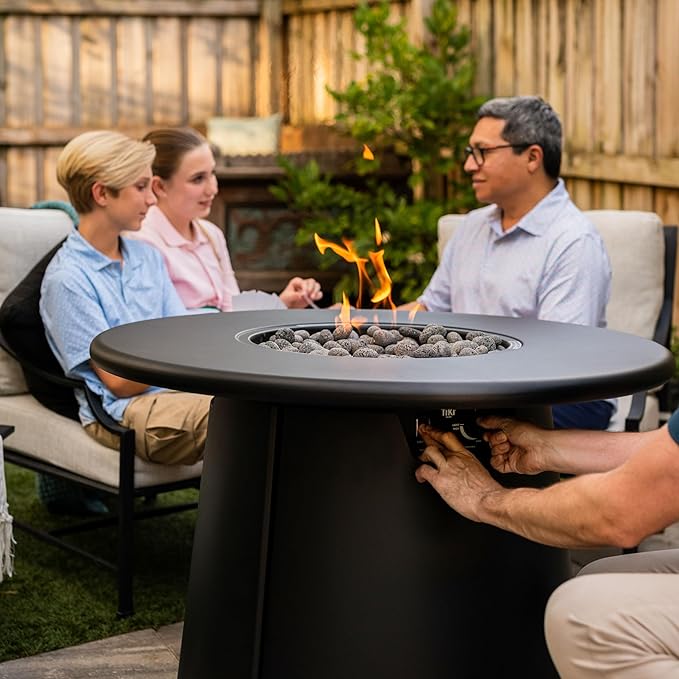 TIKI Brand Customizable Propane Fire Pit with Tabletop, 40,000 BTU 28.5" Outdoor Gas Fire Pit Table, Includes Round Tabletop Attachment and Lava Rocks, Black