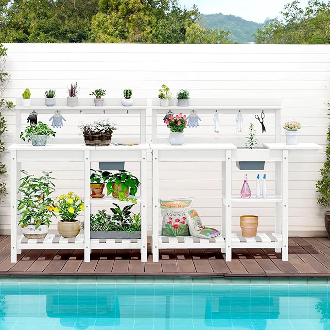 SERWALL Potting Table for Outside All Weather Use- White