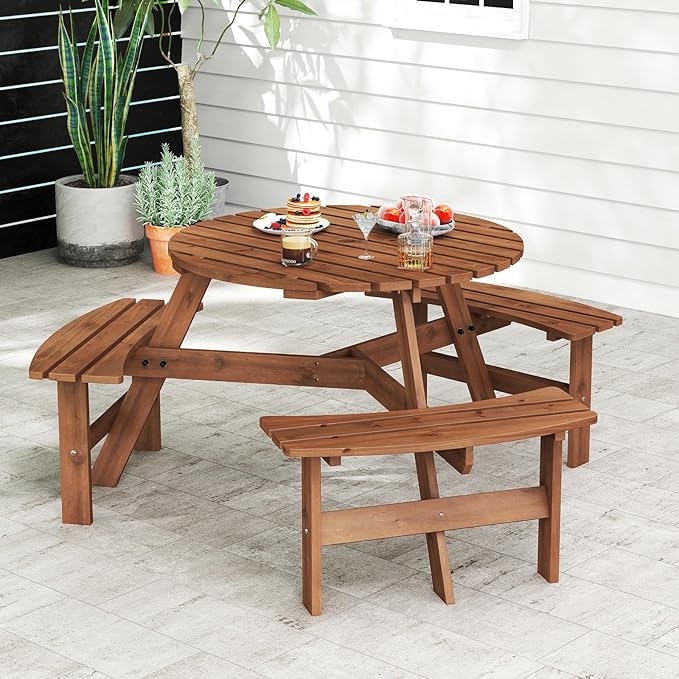 Giantex 6-Person Round Picnic Table Set with 3 Benches, 550 LBS Bench Capacity, 2" Umbrella Hole, Circular Outdoor Wood Dining Table & Chairs for Patio Yard Garden Porch Deck (68”x62”x28”,Brown)