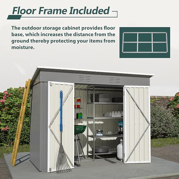 4x8 FT Lean to Outdoor Storage Shed with Floor,Metal Shed W/Lockable Door,All Weather Waterproof Garden Tool House W/ 2 Air Vents,for Backyard,Patio,Lawn,Garden,Gray