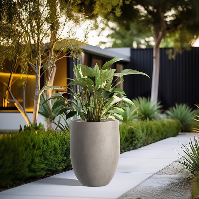 Kante 21.7 Inch Tall Concrete Planter, Large Indoor Outdoor Plant Pot with Drainage, Smooth Weathered Concrete Finish with Warm Brown Interior, Ideal for Porch, Home, Garden, Patio