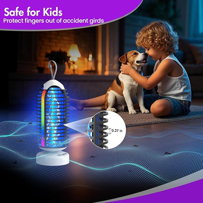 Bug Zapper Outdoor with Colorful Lighting and Auto-Sensing, 3 in 1 Cordless 4000mAh Battery Electric Fly Trap, Rechargeable Mosquito Zapper for Camping, Patios, Garden, Kitchen (1Pack-Black)
