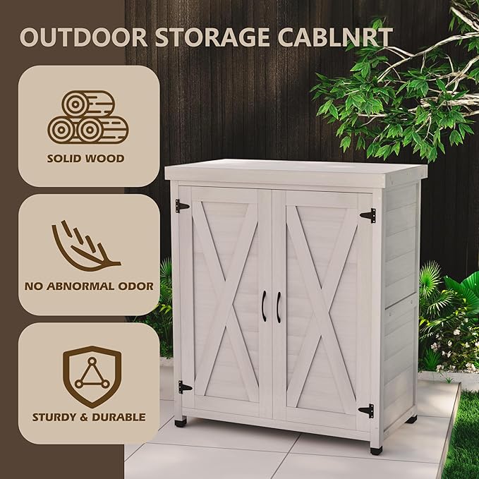 Outdoor Storage Cabinet Garden Potting Bench Table with Metal Tabletop, Solid Wood Planting Work Bench Table for Backyard Patio Lawn, 31×18×36" (Grey)
