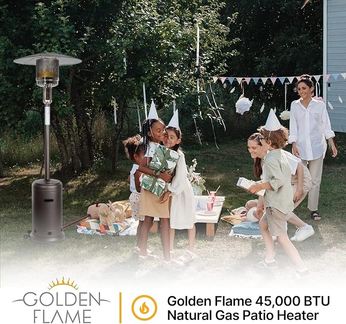 Outdoor Natural Gas Patio Heater, 45,000 BTU, XL-Series, Propane Heater, Anti-Tilt Safety Shut-Off, Portable Heater, Includes Drink Table & Wheels, Residential & Commercial Matte Mocha 89" Tall