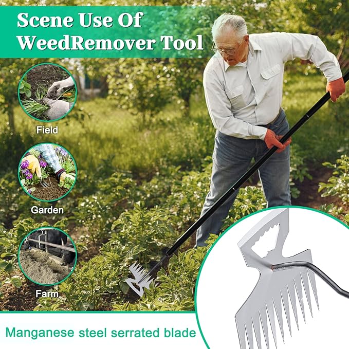 2-in-1 Weed Puller Rake Hand Weeder Garden Tools,New 11 Teeth Uprooting Weeding Tool with Adjustable Long Handle,Manganese Steel Weed Remover Tool for Garden,Lawn Weeding and Loosening Soil(Black)