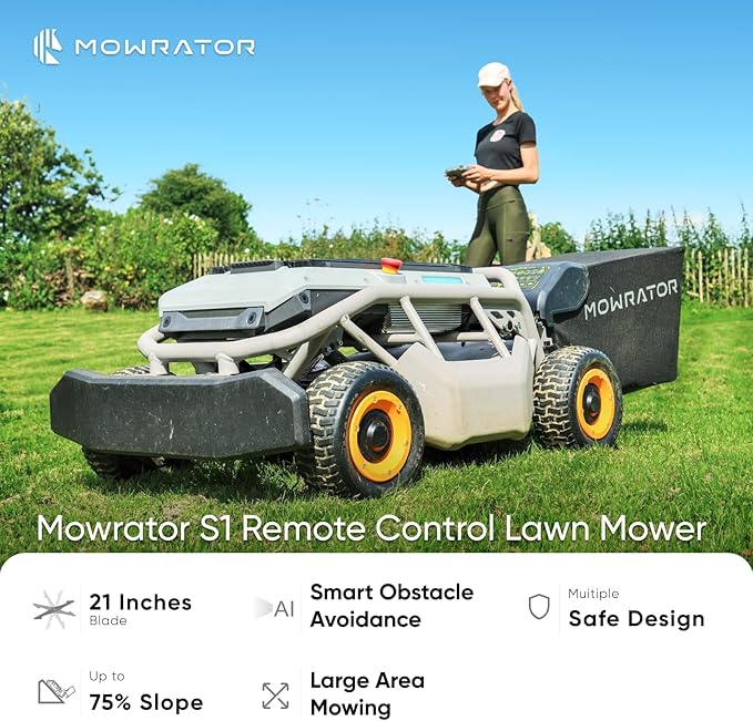 Remote Control Lawn Mower S1 4WD 56V12Ah, Multi-Functions RC Lawn Mower with 1.5-4.3 Inch Cutting Height 21 Inch Cutting Width for 75% Slope(37Β°) for Mowing 0.75 Acres