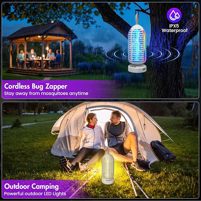 Bug Zapper Outdoor with Colorful Lighting and Auto-Sensing, 3 in 1 Cordless 4000mAh Battery Electric Fly Trap, Rechargeable Mosquito Zapper for Camping, Patios, Garden, Kitchen (1Pack-White)