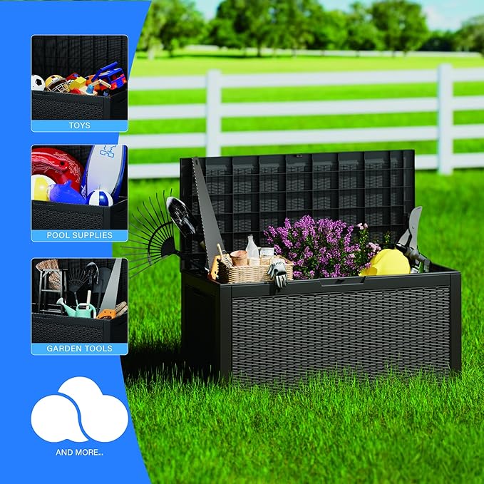 100GAL Black Wicker - Textured Outdoor Deck Box with Lock - Waterproof, SGS - Approved UV Resistance, Stylish Storage Solution for Patio Furniture and Outdoor Toys, Quick Assembly