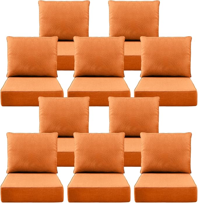 Luxury 6" Outdoor Cushions for Patio Furniture, 24x24x6 Thick Seat Cushion Set of 10, Fade Resistant Couch Chair Replacement Cushions High Density Wicker Chair Cushion w/Removable Cover, Orange