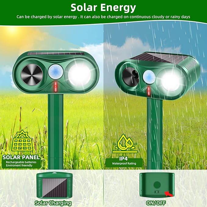 4Pack Solar Ultrasonic Animal Repellent,2025 Waterproof Deer Repellent Device with LED Flashing Lights,Cat Repellent Outdoor with Motion Detection Squirrel Skunk Rabbit Dog Raccoon Repeller for Yard