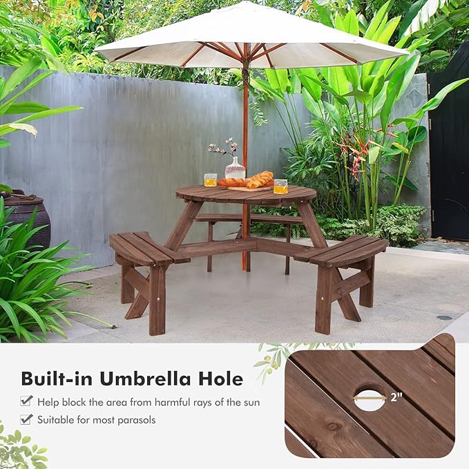 Tangkula 6 Person Wood Picnic Table, Outdoor Round Picnic Table with 3 Built-in Benches, Umbrella Hole, Outside Table and Bench Set for Garden, Backyard, Porch, Patio, 500lbs Capacity Per Bench
