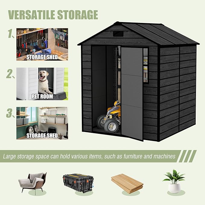 Outdoor Storage Shed 6x6 FT, Resin Shed with Floor, Waterproof Plastic Garden Bike Shed with Lockable Door, Sloped Roof, Vents & Windows, Tool Shed for Patio, Backyard, Lawn (Wood Grain Black, 6X6ft)